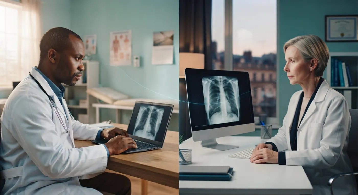 Un médecin à Conakry et une spécialiste en France examinent à distance la même radiographie thoracique.