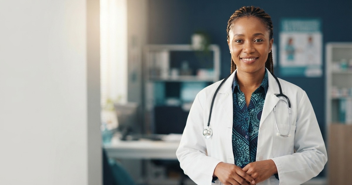 Médecin souriante dans son cabinet médical